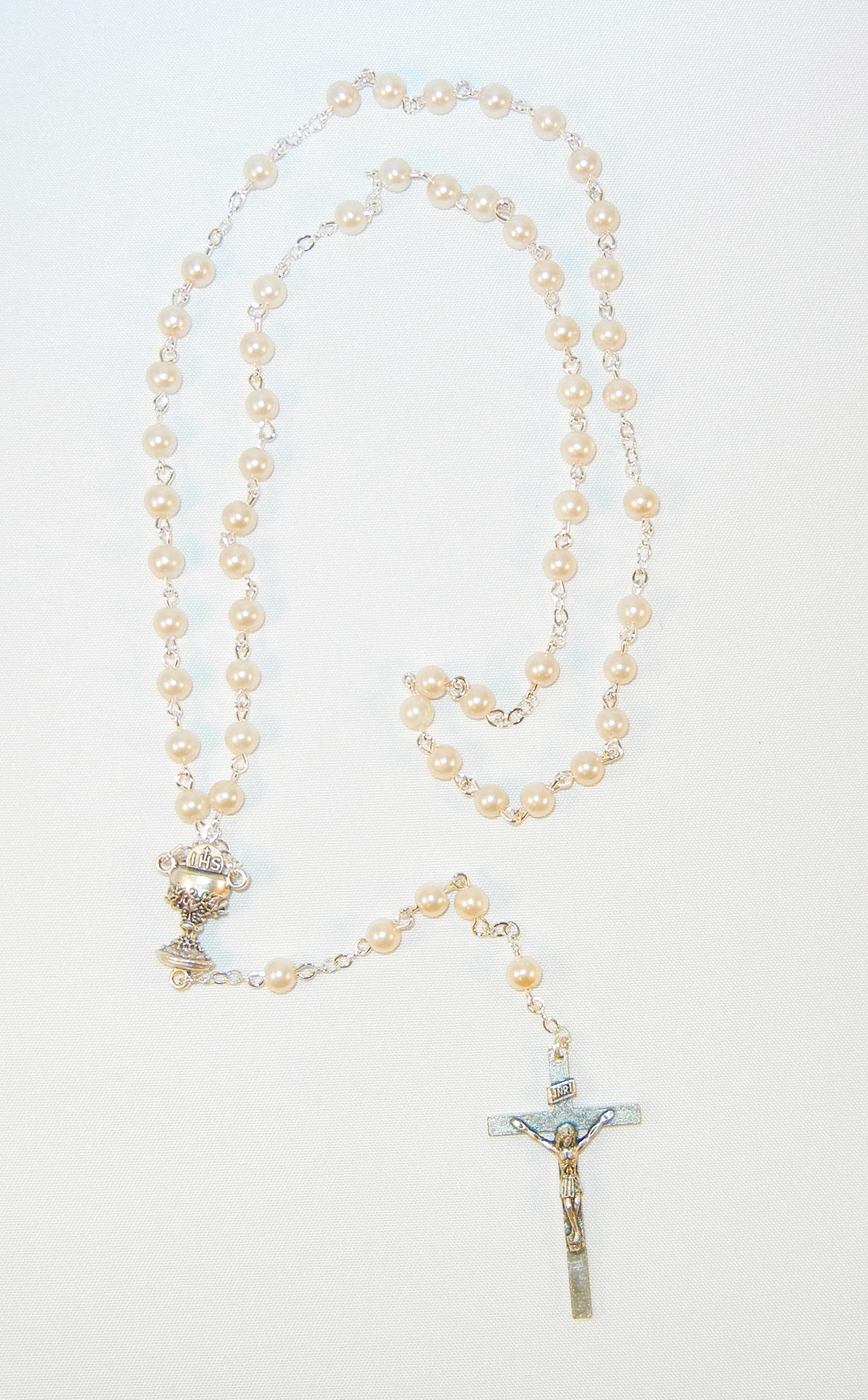 Pearl Rosary with Silver Cross and Chalice